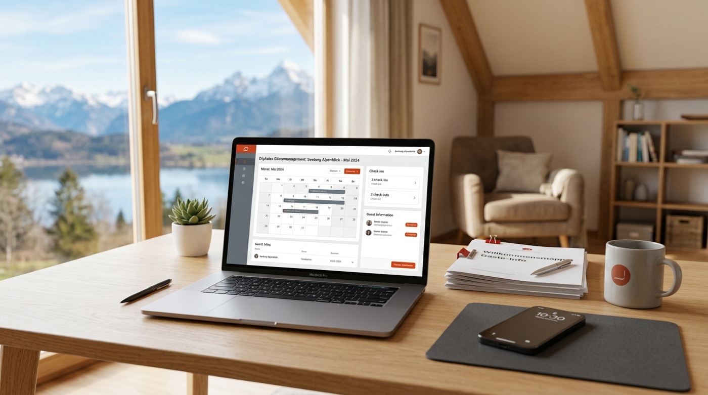 Digitale Gästemeldung am Laptop: Buchungskalender, Check-ins und Gästedaten einer Ferienwohnung im Blick.