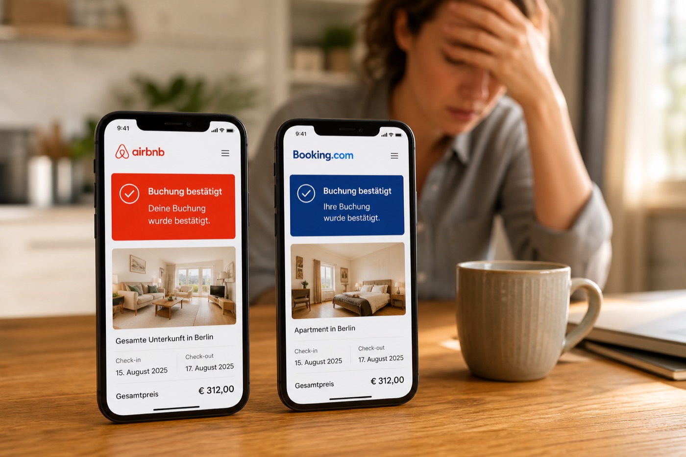 Zwei Smartphones zeigen für dieselben Tage je eine bestätigte Buchung bei Airbnb und Booking.com — eine Doppelbuchung.