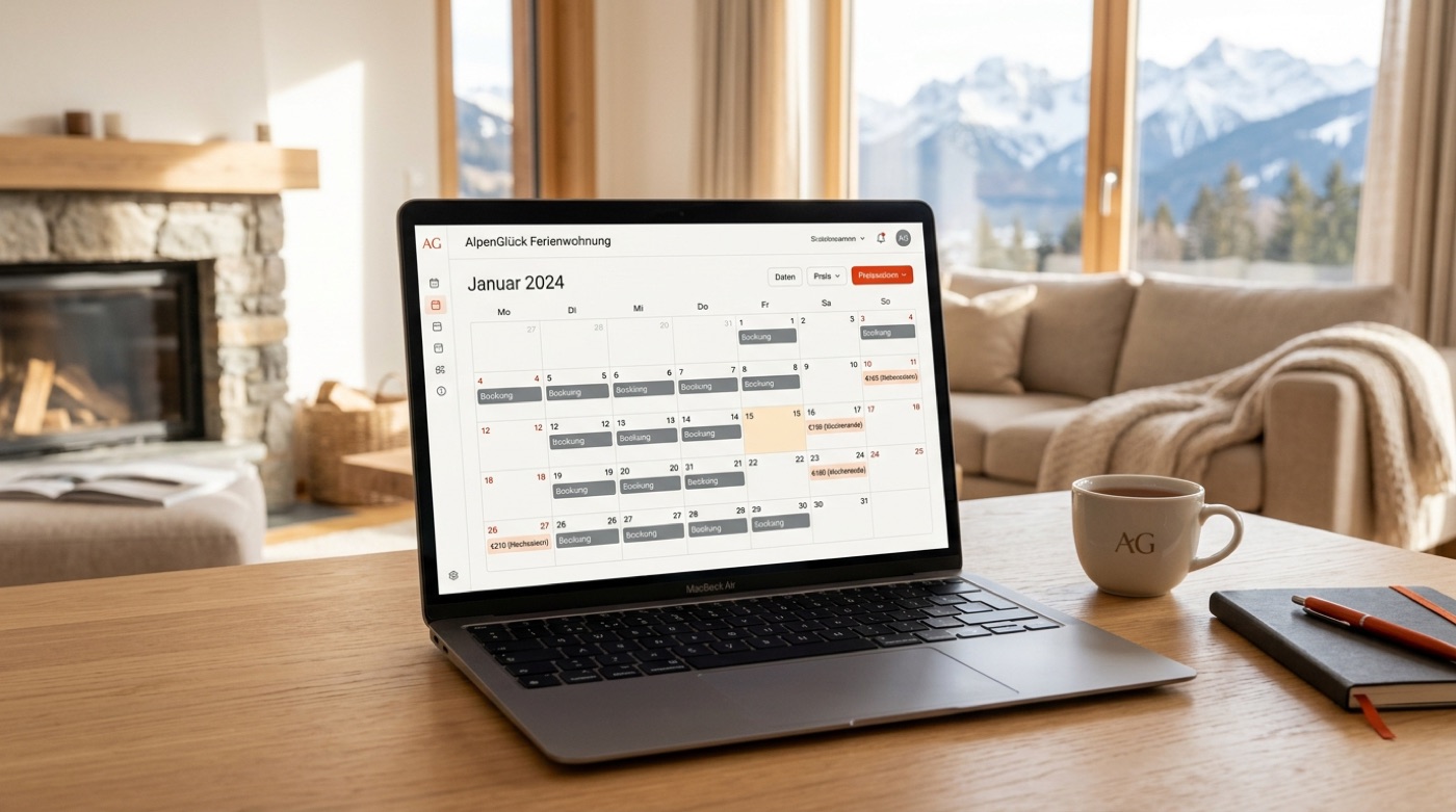 Buchungskalender einer Ferienwohnung am Laptop mit dynamischer Preisautomation für Wochenenden und Hochsaison.