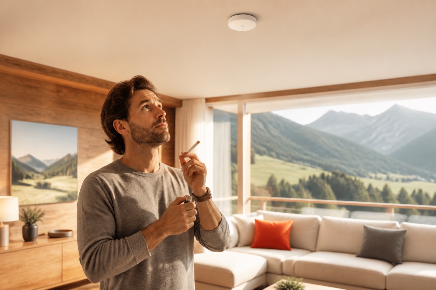 Gast mit Zigarette blickt zum Sensor an der Decke einer Ferienwohnung mit Alpenblick — ein Sensor wie Minut warnt bei Zigarettenrauch.