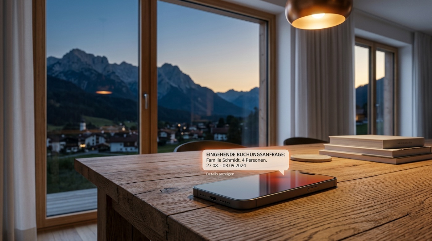 Eingehende Buchungsanfrage auf dem Smartphone in einer Ferienwohnung mit Karwendelblick am Abend — Gästekommunikation Ferienwohnung rund um die Uhr.