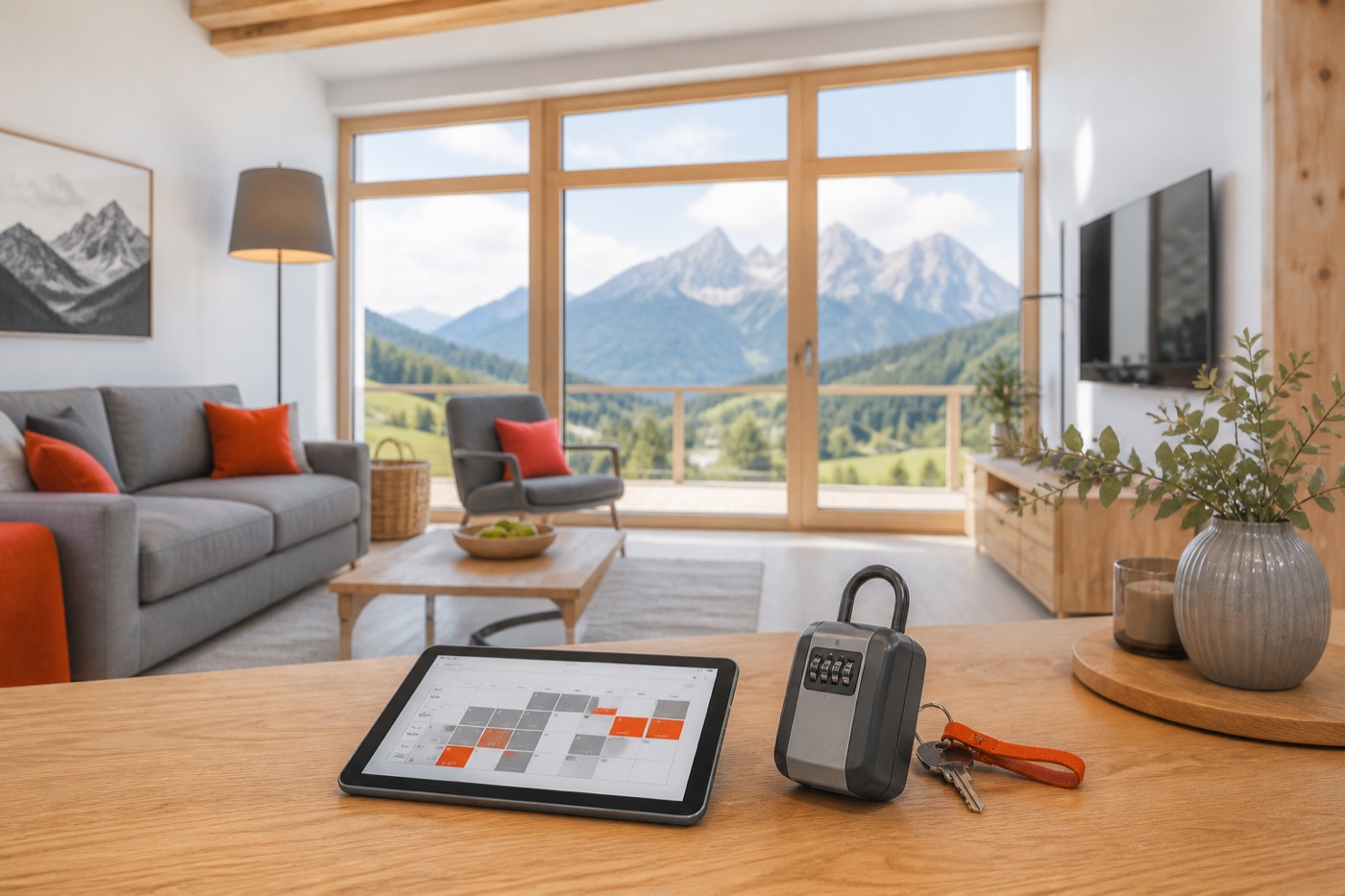 Moderne Ferienwohnung in Oberbayern mit Bergblick, Buchungskalender auf dem Tablet und Schlüsselkasten für den Self Check-in.
