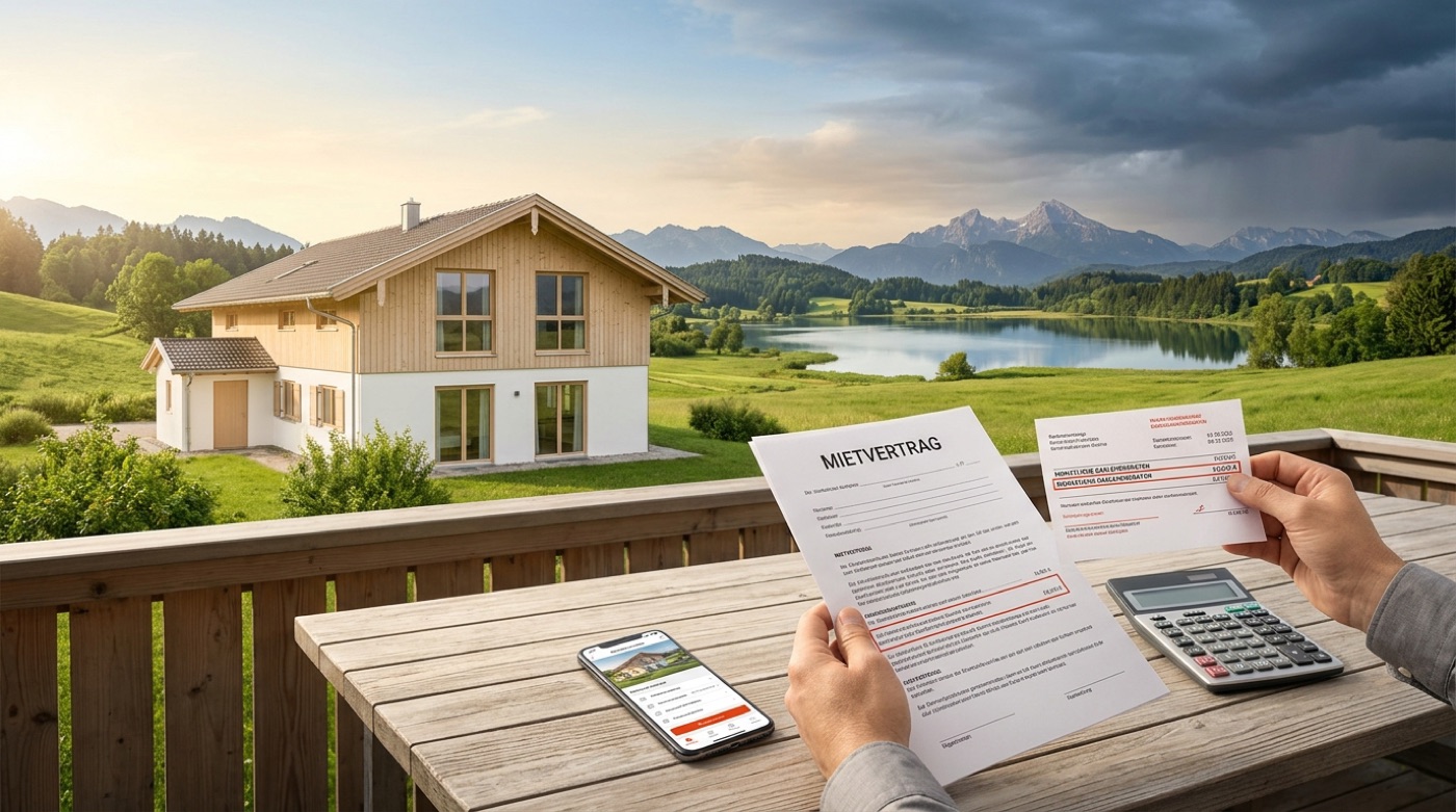 Eigentümerin prüft an einem Tisch mit Alpen- und Seeblick einen Mietvertrag und Finanzierungsunterlagen mit Taschenrechner — aufziehende Wolken über der Landschaft.
