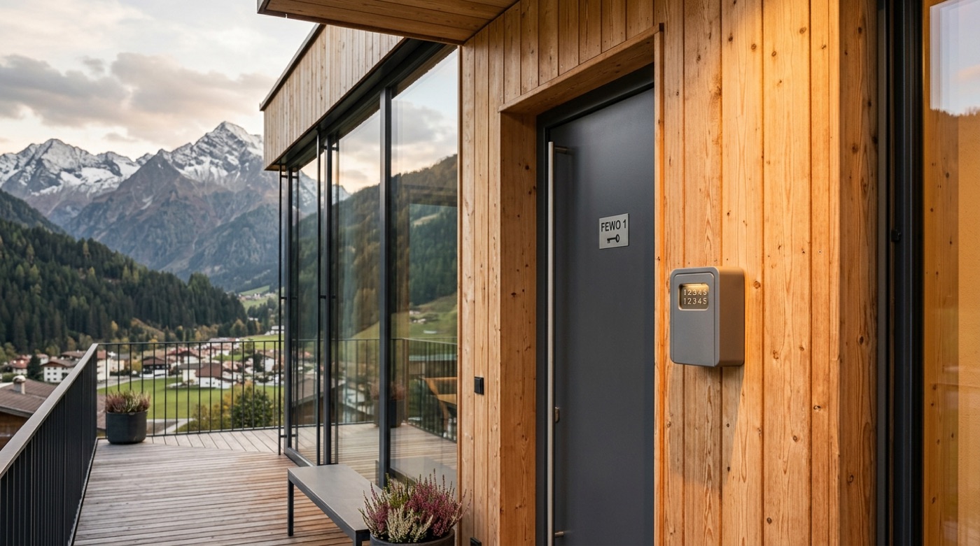 Schlüsselkasten mit Zahlencode neben der Wohnungstür einer Ferienwohnung mit Alpenblick — kontaktlose Schlüsselübergabe in der Praxis.